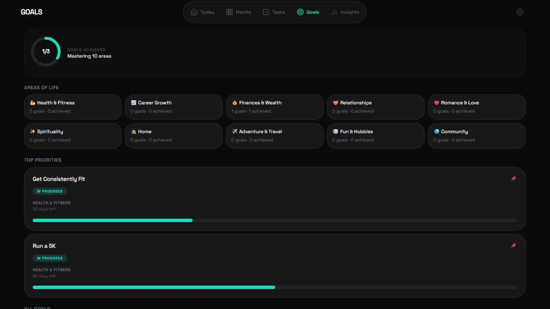 Goal planner screen